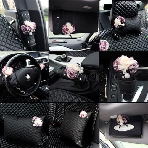 Car Tissue Box Sunvisor CD Storage Bag Headrest Waist Pillow Gear Shift Collar Steering Wheel Cover Flower for Women Car Styling