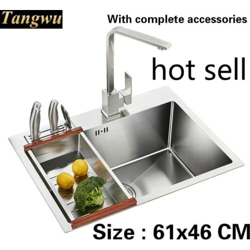 Free shipping Food grade 304 stainless steel kitchen sink 3mm thick hot sell ordinary single trough stretch tap 61x46 CM