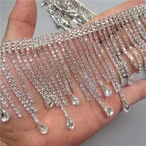 Hot Sale Bright Silver Fringe Chain Water Drop Rhinestone Tassel Trim Crystal Glass Clothes Dress Bag Shoes Accessories 8cm