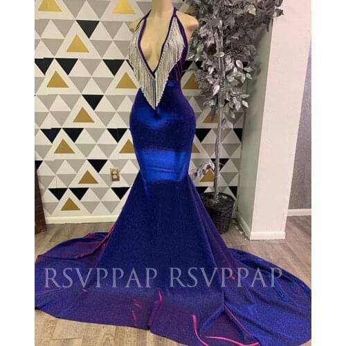 Sparkly Long Prom Dresses 2021 Afrian Girl Real Pictures V-neck Tassel Royal Blue Mermaid Prom Gowns