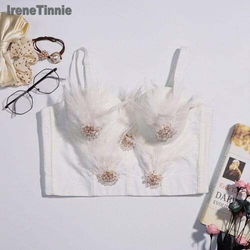 Irene Tinnie Sexy Feather Beading Crop Tank Top Push Up Bralette Women Spaghetti Strap Tops Summer 2021 Camis Clothing