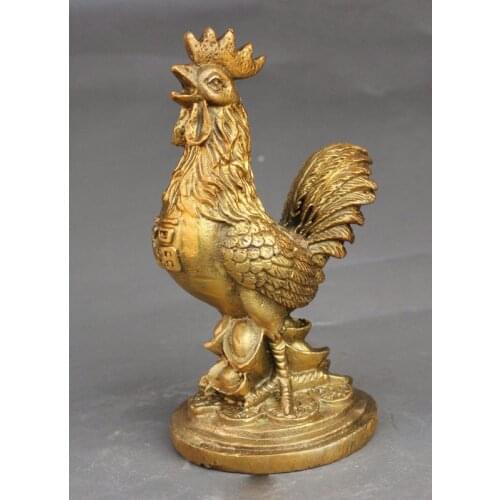 China FengShui Brass Wealth YuanBao Coin Zodiac Cock Rooster Statue Sculpture