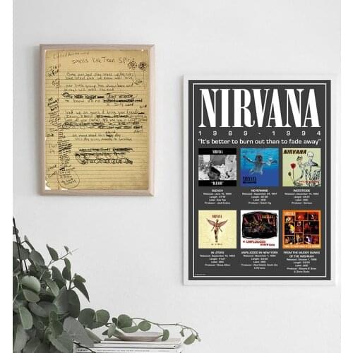 Nirvana Kurt Cobain Smells Like Teen Spirit Handwritten Lyrics Poster Vintage Canvas Painting Rock Music Prints Wall Art Decor