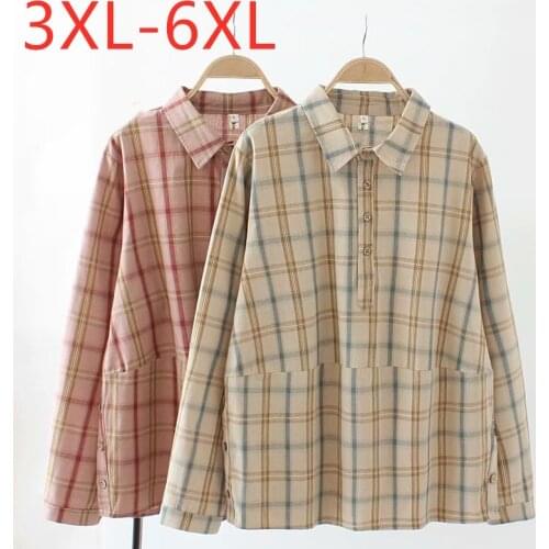 New 2021 ladies spring autumn plus size tops for women large blouse long sleeve loose cotton plaid ruffle shirt 3XL 4XL 5XL 6XL