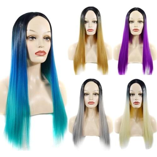 Jeedou Synthetic Straight Long Hair Wig Black Brown Purple Gradual Ombre Color Balayage Hair For Women Girls Wigs