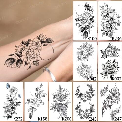 9pcs/Lot Water Transfer Tattoo Stickers Peony Rose Chrysanthemum Butterfly Henna Flash Tatoo Line Body Art Fake Tatto Man Woman