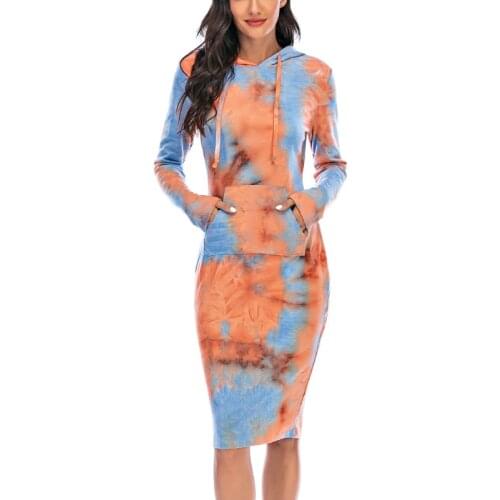 Hoodie Dress Ladies Sheath Tie-dye Print Streetwear Long Sleeve Tracksuit Casual Large Size Autumn Pocket Fashion Women Dresses