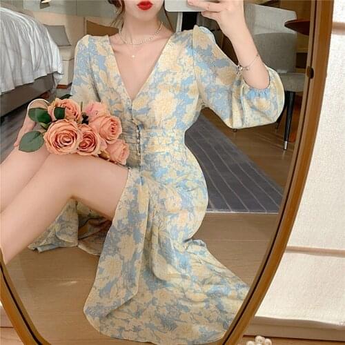 Floral Retro Split Dress Women Elegant Designer Sexy v-neck French Single-breasted Style Chiffon Vintage Dress Fall2021Women