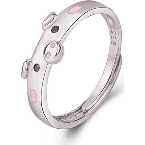 S925 Cute Pink Enamel Piggy Ring Popular Lucky Pig Animal Couple Open Ring Ladies Jewelry Lover Gift Adjustable