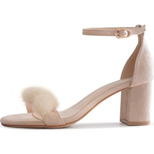 Women Sandals Women High Heels Sandals Summer Shoes Flock Buckle Strap 6.5CM Thick High Heels Round Toe Shallow Back Strap