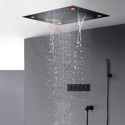 Modern Black Shower Set Concealed Ceiling Large LED Shower Head Panel 600*800MM Rainfall Waterfall Thermostatic Shower Faucets
