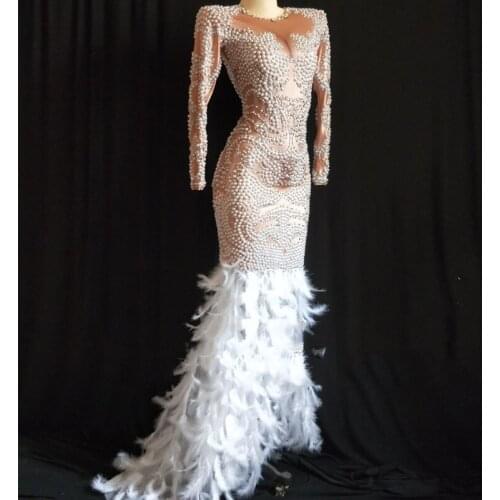 Rhinestones Pearls White Feather Dress Birthday Party Celebrate Evening Outfit Female Singer Bar Stage Performance Costume DT342