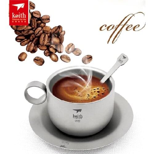 150ml Keith Ultralight Titanium Coffee Cup Tea Sets Portable Outdoor Titanium Cutlery Water Coffee Mug with Pot Spoon Set Ti3601