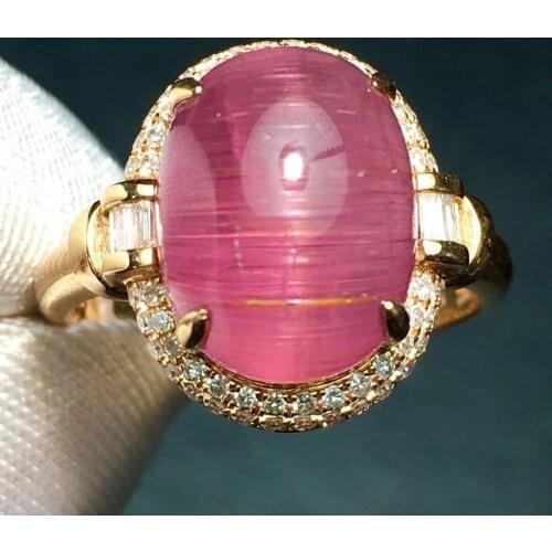 Fine Jewelry Real Pure 18 K Gold Jewelry 100% Natural Red Tourmaline Cats Eye Gemstones 7.2ct Female Rings for Women Fine Ring