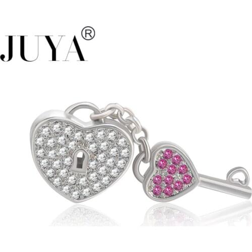 Gold Rose Gold Bead Charm Heart Lock & Key With Full Zircon Crystal Pendant Beads Fit Diy Bracelet & Bangle Jewelry