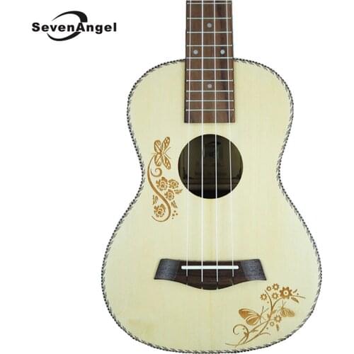 SevenAngel Concert Acoustic Ukulele 23 inch Spruce Hawaiian Guitar Electric Ukelele Butterfly love flower pattern with Pickup EQ