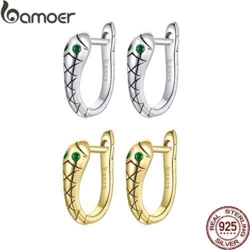 BAMOER 925 Sterling Silver Snake Earrings, Platinum Plated Tarnish Resistant Green CZ Hoop Earrings For Women SCE1104