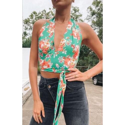 Womens Halter Crop Tank Tops Floral Vest Summer Fashion Chic Sleeveless Deep V Tie Knot Front Tanks Party Backless Top