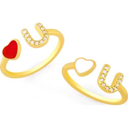 EYIKA Romantic Enamel Red Heart Love U Open Cuff Rings for Women Gold Plated Cubic Zirconia Adjustable Finger Ring Jewelry Gifts