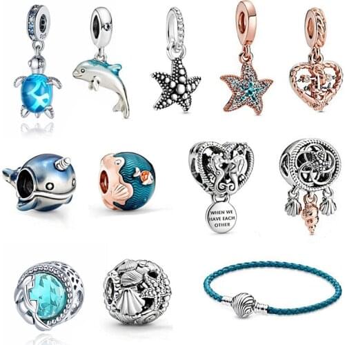 925 sterling silver woman jewelry ocean series narwhal charm starfish ocean waves & fish beads fit Pandora bracelet DIY pendant