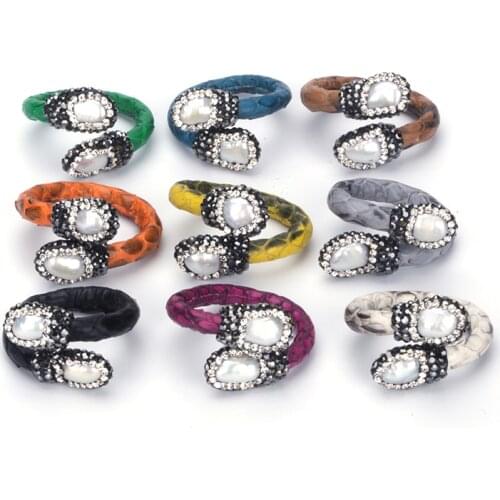 KEJIALAI Freshwater Pearl Tail Bead Charms Rhinestone Multi Colors Real Snake Leather Wrap Open Adjustable Rings Cuff For Women