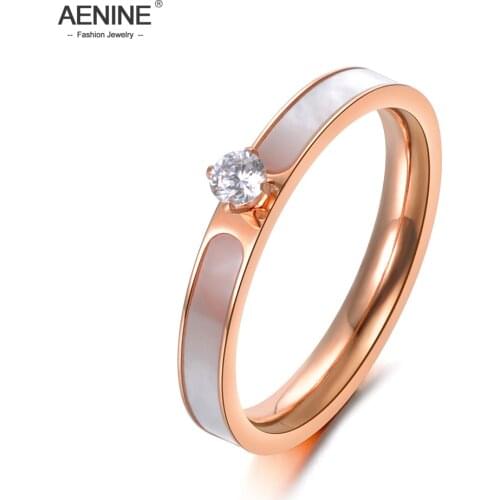 AENINE Stainless Steel Ring Rose Gold Color AAA Zircon Shinning Rhinestone & White Shell For Christmas Gift Girl Women AR18146