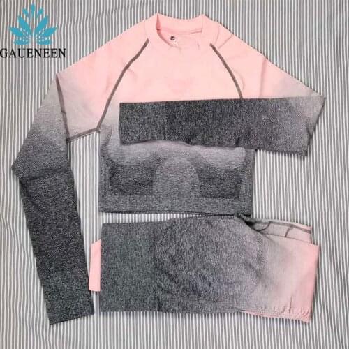 GAUENEEN Yoga Set Women Tracksuit Long Sleeve Crop Top Ombre Seamless Leggings Fitness Gym Set Workout Clothes for Women