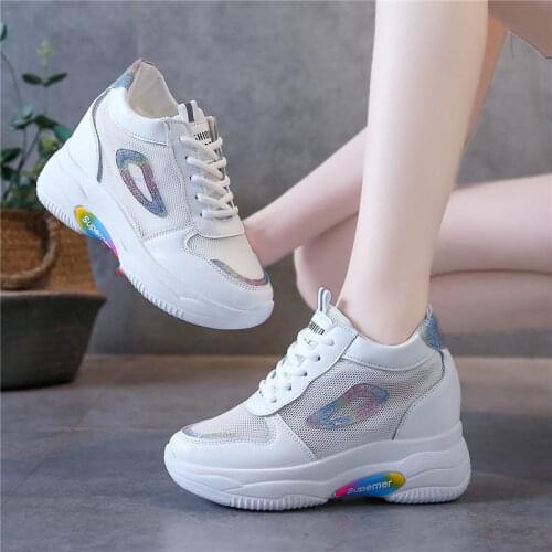 Platform shoes increased white shoes women spring and summer breathable mesh sports casual slope heel sneakers womens shoes