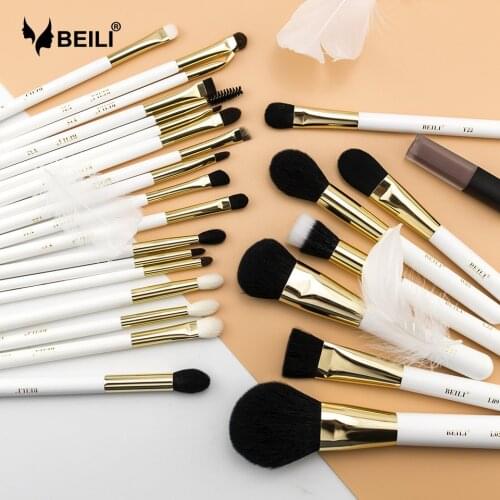 BEILI 25 pieces XGF Goat hair Makeup brush set Foundation Eye blending Smokey shader Professional Pearl White Gold brush