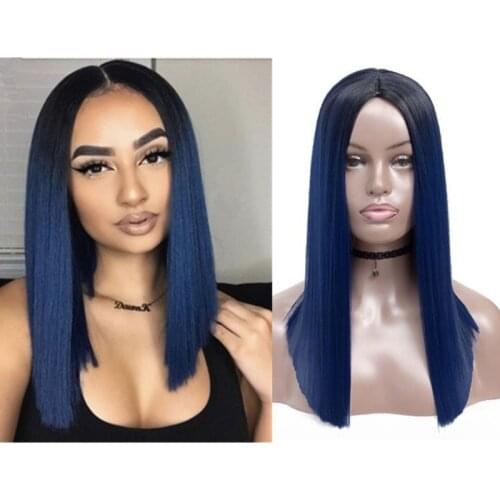 Hywamply 18inch Middle Part Machine Wig Dark Blue Ombre Synthetic Hair Wigs for Women Cosplay Wig Silky Straight Bob Wigs