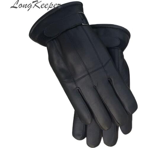 LongKeeper Men Genuine Leather Gloves Male Full Finger Sheepskin Winter Mittens Warm Wool Driving Gloves 3 Styles
