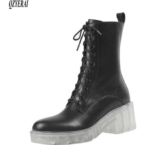 QZYERAI The new 2020 leather Martins with lacing and British medium boots with casual transparent platform boots Size 34-40