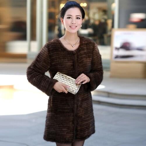 Luxury Winter Womens Natural Knitted Mink Fur Coat O-Neck Lady Warm Overcoat Outerwear Coats VF0325