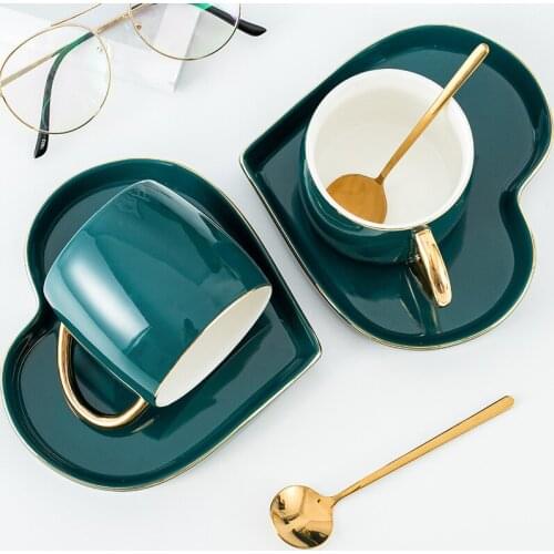 Luxury green ceramics lovers drinking glasses with Spoon tray Home Office Afternoon Tea Coffee Milk Cup set Drinkware