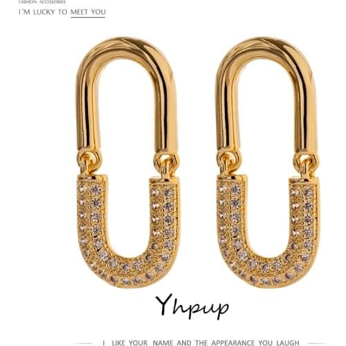 Yhpup Temperament Oval CZ Stud Earrings Delicate Bling Cubic Zirconia Jewelry Fashion Metal Texture Hollow Earrings Party 2021