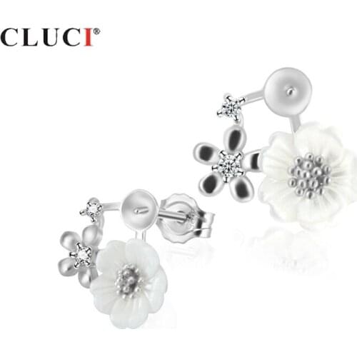 CLUCI Silver 925 Flower Earrings Jewelry Zircon Pearl Mounting 925 Sterling Silver Stud Earring for Women SE063SB