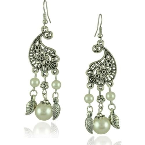 LosoDo new style Court Vintage Peacock Pearl Earrings Baroque Hollow Leaves long style Tassel boho retro National Style Earrings