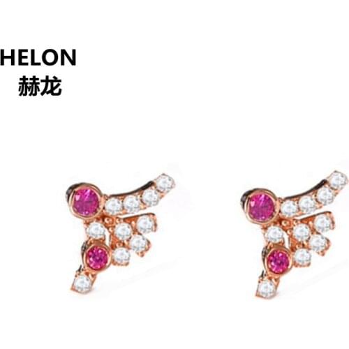Natural Ruby Diamonds Stud Earrings Solid 14k Rose Gold Classic Women Earrings Party Fine Jewelry Gift