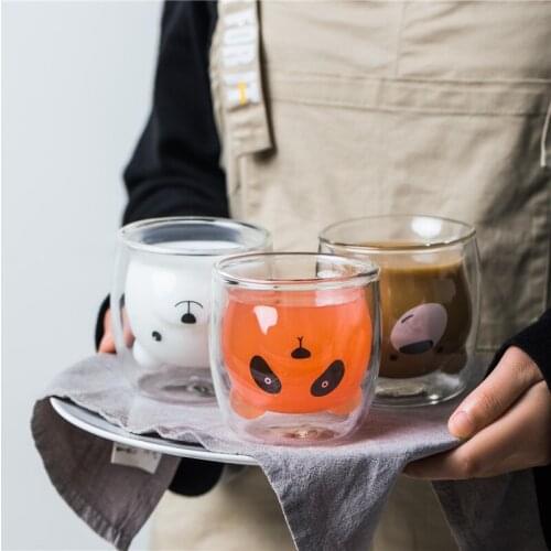 Double Wall Glass Coffee Mug Lovely Panda/Bear Milk Juice Glass Cup Heat Resistant Kitchen Office Drinkware 250ml Creative Gifts