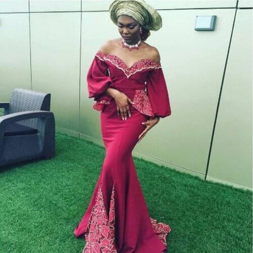 South African Appliqued Lace Off-shoulder Mermaid Evening Dress Sweetheart Neck Long Sleeve Custome Prom Dresses robe de soiree