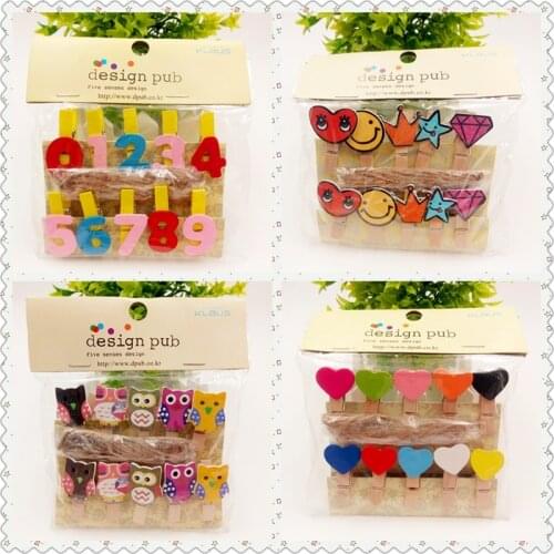 10pcs Kawaii Owl Wooden Clips Photo Paper Craft Memo Clip With Hemp Rope DIY Clothes Message Stickers Paper Photo Peg Decoration