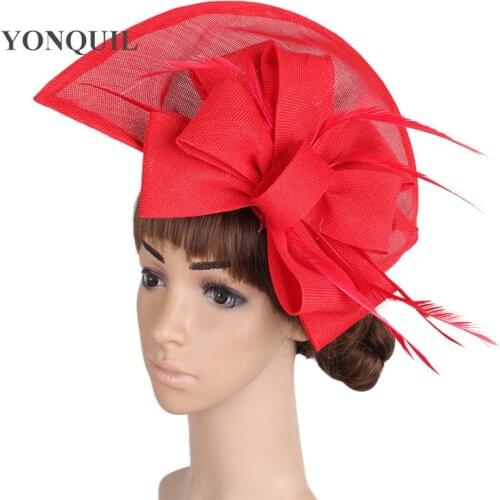 Women Vintage Big Derby Loop Fascinators Hats Red Ladies Event Feather Headwear Race Hair Accessories Fedora Pillbox Hats SYF66