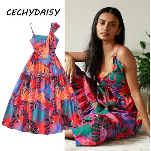 Runway 2021 Summer Spaghetti Strap Dress Women Bow Floral Print Sleeveless Vintage A-Line Chic Lady Party Beach Chic Y2k Dresses
