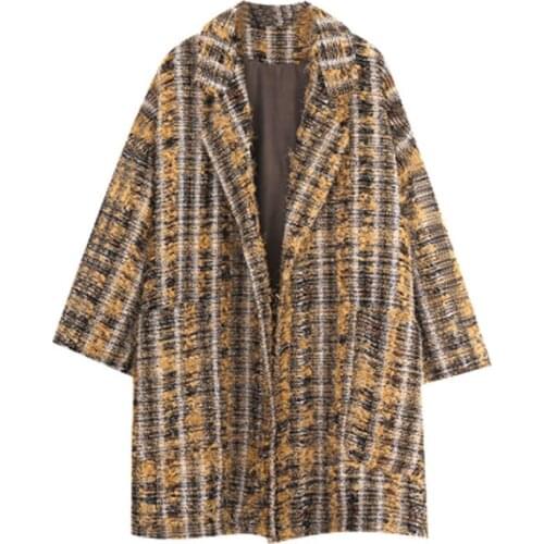 VSUE Women Outwear Coat Notch Collar Pocket Tweed Yellow Long Sleeve Coat Winter C0220