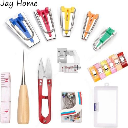 130Pcs Fabric Bias Tape Makers Kit DIY Wooden Awl Straight Pins Plastic Clip Binding Presser Foot Tape Ruler for Quilting Sewing