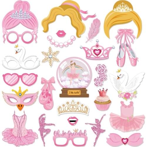 25pcs DIY Pink Ballet Photobooth Props Kids Happy Birthday Fairy Queen Crown Photobooth Props Baby Shower Party Decorations