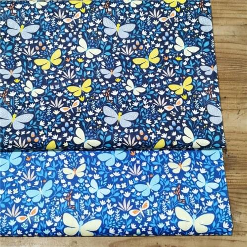 50x160cm Blue Butterfly & Small Flowers Printed Cotton Fabric Floral Fabric Patchwork Cloth Dress DIY Sewing Quilting Home Decor
