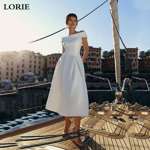Lorie A-Line Satin Wedding Dresses Plus Size Short Bridal Gowns 2020 Off The Shoulder Vestidos Wedding Gowns