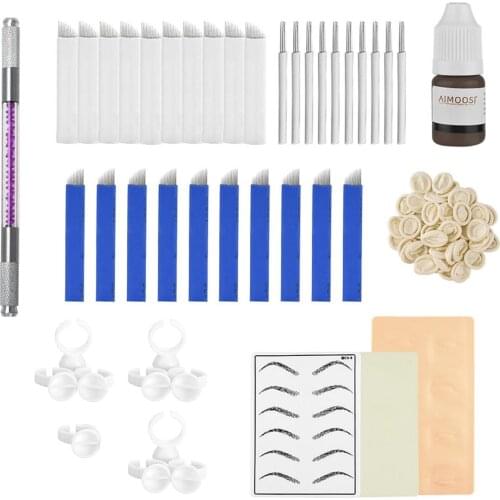Eyebrow Permanent Tattoo Practice Kit Set Pen Needle Pigment Ink Practise Skin Tool Ring Cup