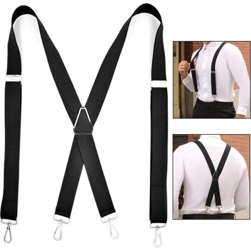 Black Work Suspenders for Men Shirt 4 Snap Hooks Heavy Duty Big Tall X-Shape 3.5cm Wide Adjustable Elastic Trouser Pants Braces